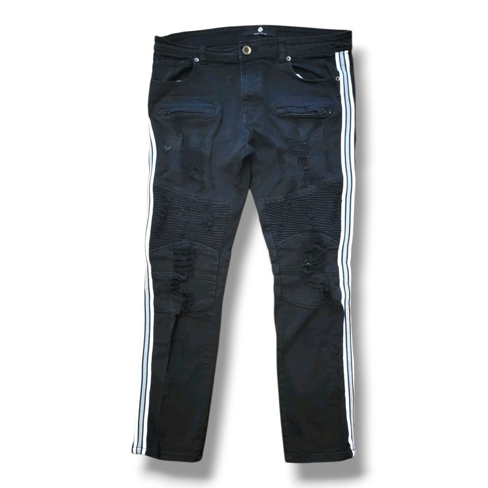 Focus Jeans Mens 36x32 Black Moto Biker Skinny Distressed Jeans Stripe Zip